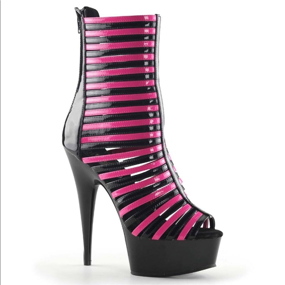 Pleaser Black and Hot Pink Strappy Platform Ankle Boots